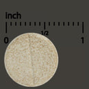 Round beige object with measurement scale in inches on a black background