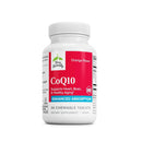 Supplement bottle labeled 'CoQ10' with white and red design on a white background