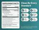 A product information graphic showing supplement facts for a gummy candy product on the left and feature badges on the right. The left panel has a white background with black text detailing serving size, calories, sugars, and ingredients.