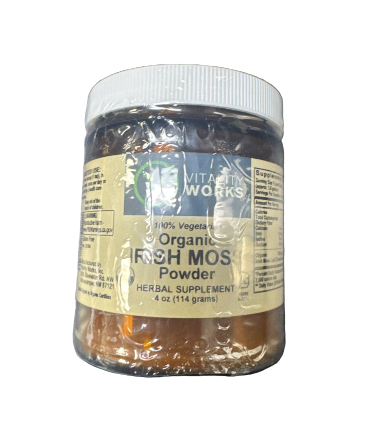 Jar of Vitality Works Irish Moss Powder on a dark background