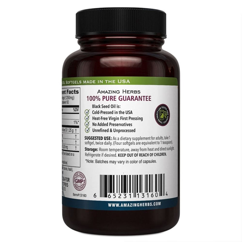 Amazing HerbsAmazing Herbs Black Seed 1250mg, 100% Pure Cold - Pressed Oil 60 SoftgelImmune Support665231131604