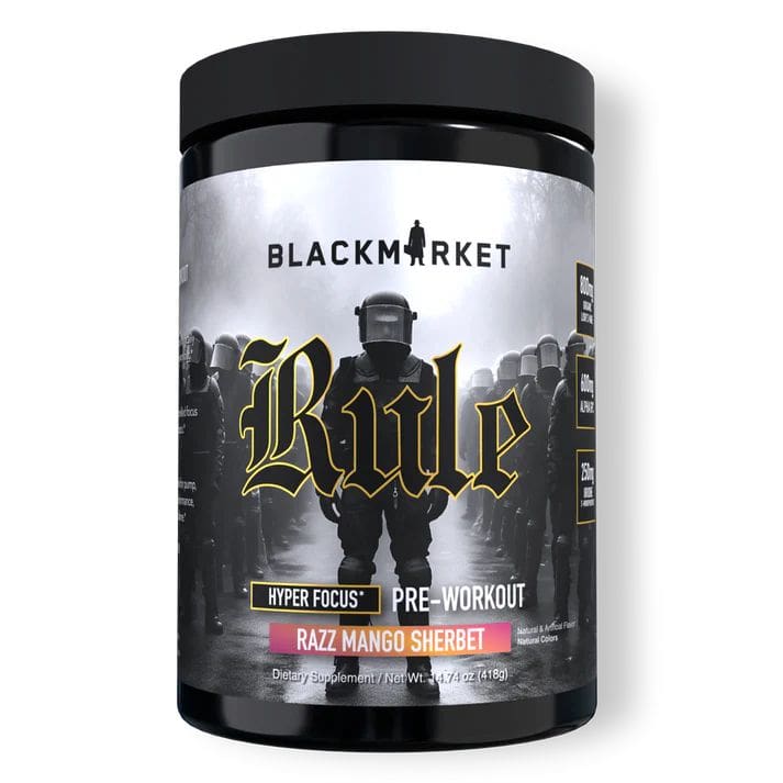 BLACKMARKETBLACKMARKET RULE Hyper Focus, High Stim Pre - Workout 20/40 ServingsPre - WorkoutRazz mango Sherbet810055901197