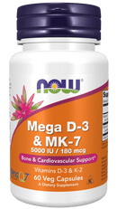 NOW FoodsNOW Foods Mega D3 & MK7 with Vitamins D3 & K2, 5,000 IU/180 mcg, Bone & Cardiovascular Support*, 60 Veg CapsulesVitamins & Minerals733739003843