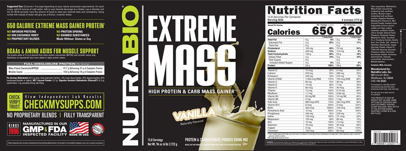 NutraBioNutraBio Extreme Mass High Protein & Carb Mass Gainer 6lb ~15.6 servingsProteinVanilla649908255213