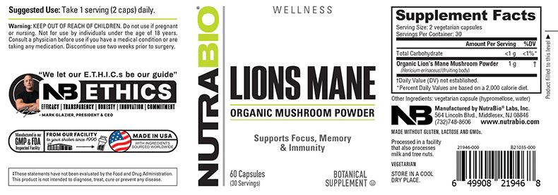 NutraBioNutraBio Lions Mane 500mg 60 capsHerbal Support649908219468