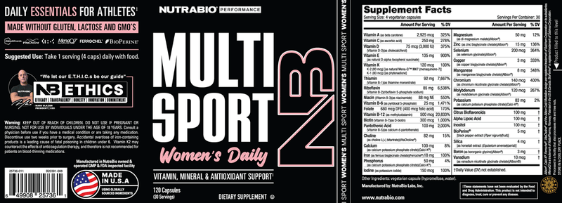 NutraBioNutraBio Multi Sport Women's Daily Vitamin, Mineral & Antioxidant Support 120 CapsHerbal Support649908257361