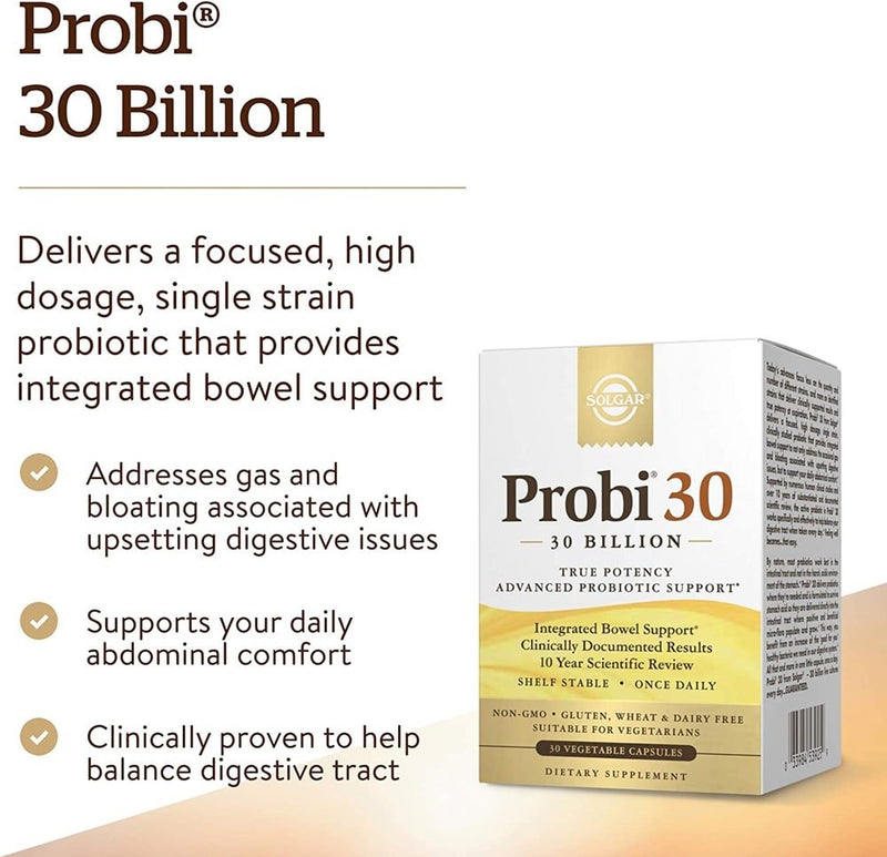 SolgarSolgar Probi 30 Billion, 30 Veg Caps Clinically Studied Supports Digestive Health Helps With Occasional Gas & Bloating 30 ServingsDigestive Health033984539259