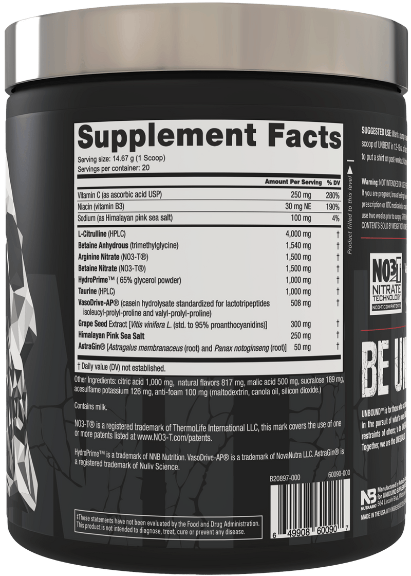 UNBOUNDUNBOUND UNBENT, Extreme Pump Preworkout Stim Free with NO3T Nitrates, VasoDriveAP, HydroPrime 20 ServingsPre - WorkoutTangelo649908601102